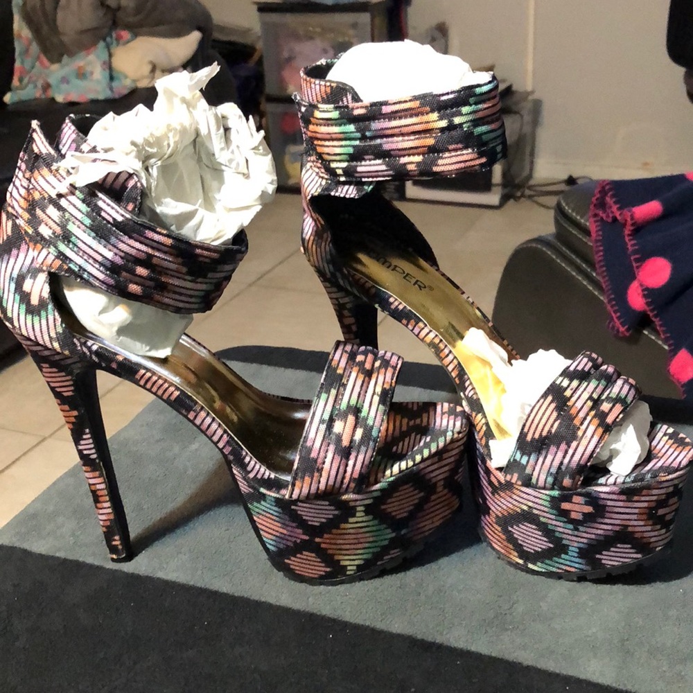 New in Box, Ladies Multi-Colored Platform Sandal w/Velcro Ankle Strap